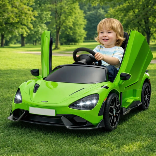 Green 12V kids ride-on sports car with hydraulic doors