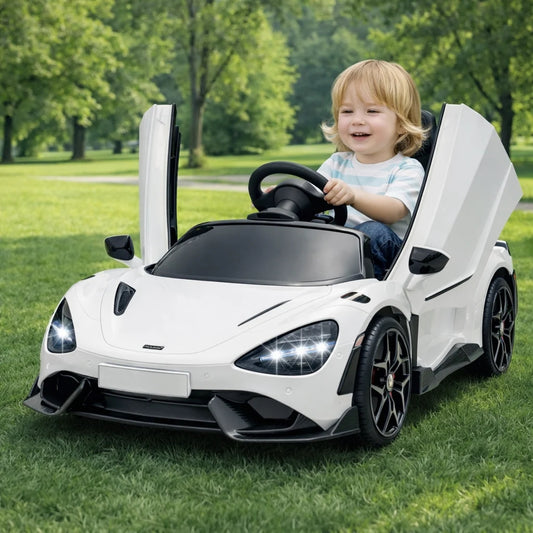 White 12V kids ride-on sports car with hydraulic doors