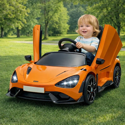 Orange 12V kids ride-on sports car with hydraulic doors